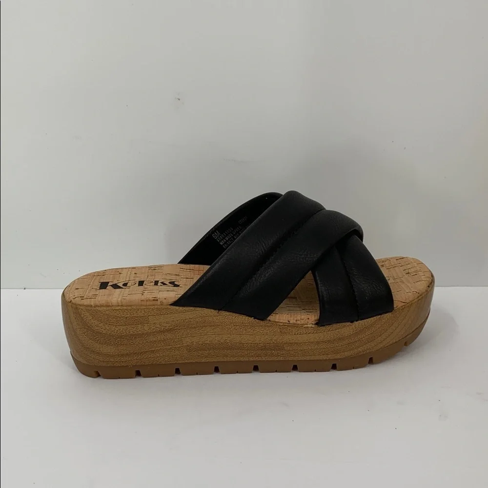 Korks Faithe slide platform wedge sandal black slide criss cross wood heel new 6